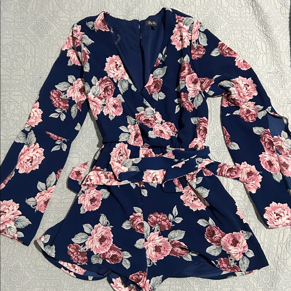 Lily Rose Navy Romper with Pink Floral Design
